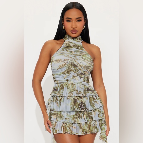 Fashion Nova Dresses & Skirts - Catalina Ruffle Ruched Mesh Mini Dress - Blue/combo